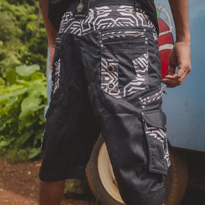 Future tribe (oblique)- baggy cargo shorts, festival shorts, goa shorts, psytrance, Psychedelic Burning Man Pants