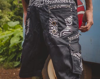 Future tribe (oblique)- baggy cargo shorts, festival shorts, goa shorts, psytrance, Psychedelic Burning Man Pants