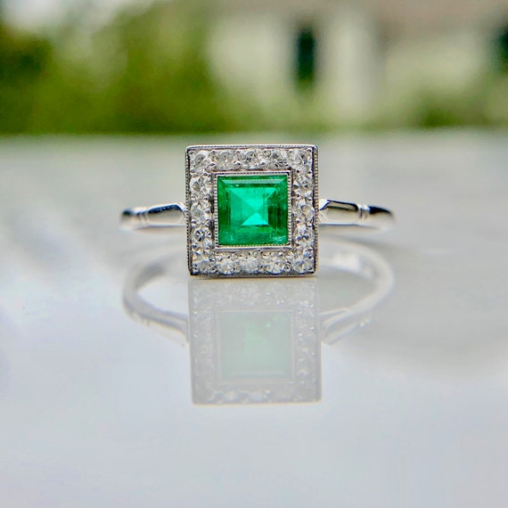 Art Deco Emerald, Diamond, Platinum Ring