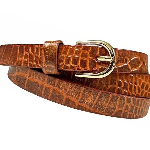 Alligator Belt, Narrow Womens Leather Belt 3/4 (19mm), Dress Belt, Crocodile strap | Skinny Leather belt | full-grain cowhide leather