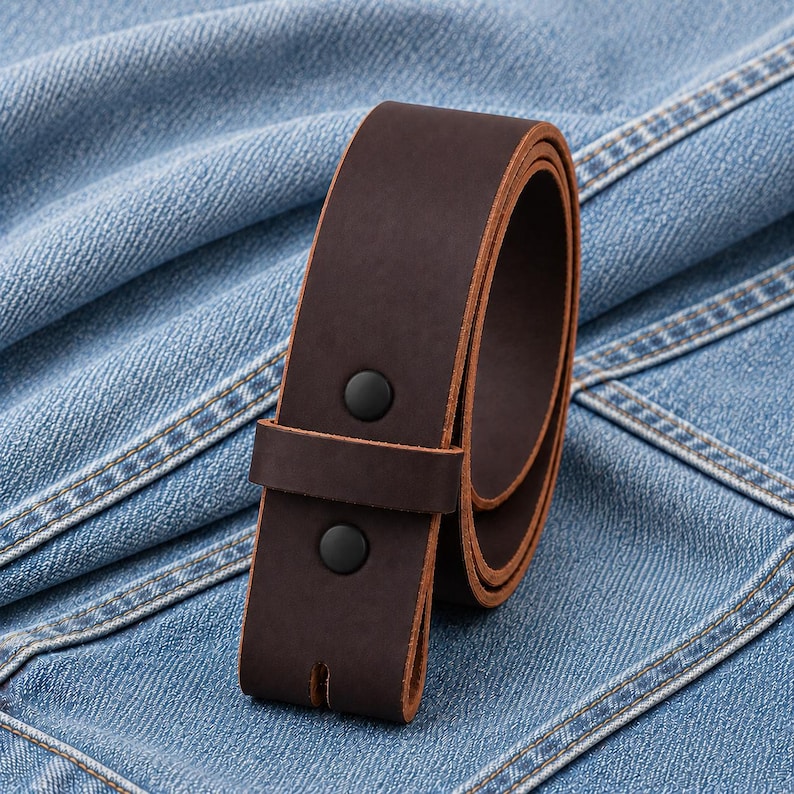 May include: A rolled-up, dark brown leather belt with two black snap closures. The belt is made of thick, durable leather and is shown against a blue denim background. The belt is a classic accessory.