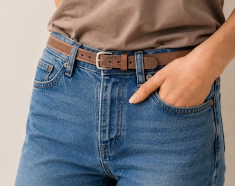 Women's Skinny Leather Belt | Full Grain Buffalo Leather | Dress & Jeans Belt | 3/4" Handmade USA