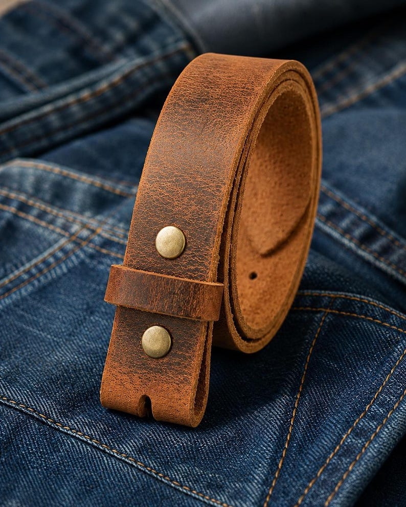 Op de afbeelding: Een opgerolde, bruine leren riem met een distressed textuur. De riem heeft twee messingkleurige klinknagels en een gesploos ontwerp. De riem wordt getoond op een blauwe denim achtergrond.