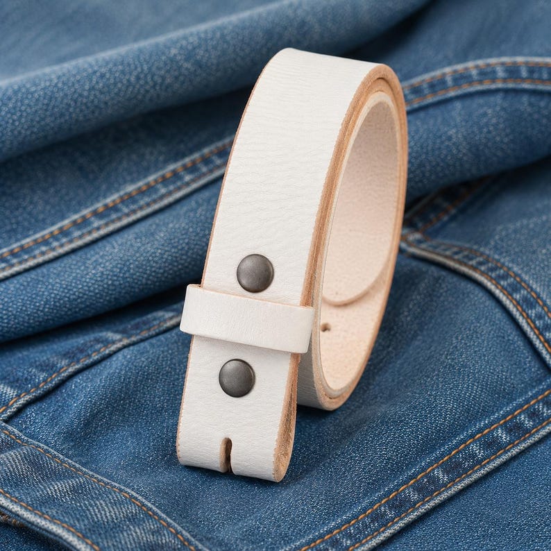 Op de afbeelding: Een witte leren riem met twee donkere metalen klinknagels en een gesp. De riem is geplaatst tegen een blauwe denim achtergrond, wat het strakke ontwerp en de neutrale kleur benadrukt.