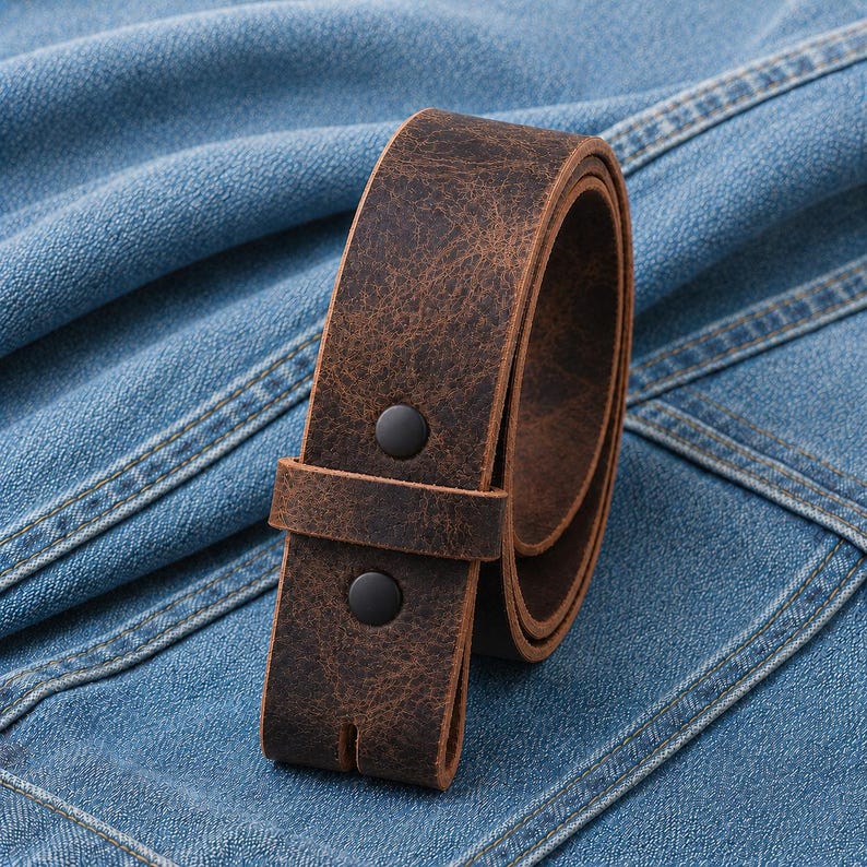 May include: A rolled-up, brown leather belt with black hardware. The belt has a distressed finish and is set against a blue denim background. The belt is approximately 1.5 inches wide.