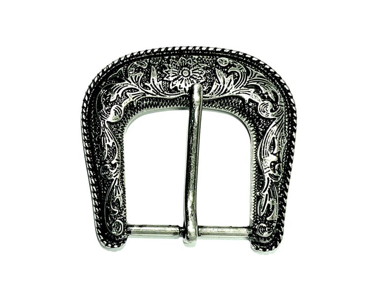 Western belt buckle Antique silver finish Floral engrave Fits belts up to 1 1/2" (38 mm) Heavy solid