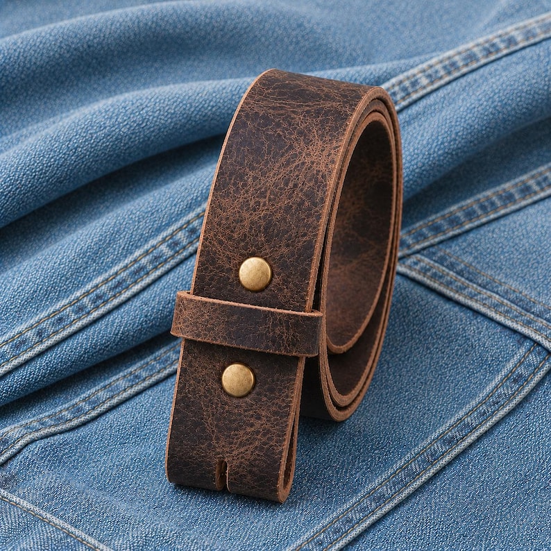 May include: A rolled-up brown leather belt with brass-colored rivets. The belt has a distressed texture and is set against a blue denim background. The belt's buckle is not visible.