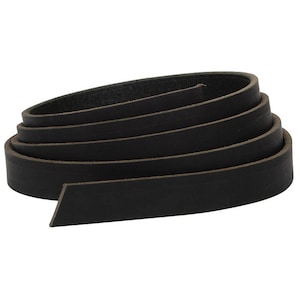 May include: A roll of black leather strap, approximately 1 inch wide, coiled up on a white background.