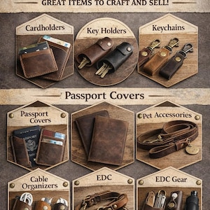 May include: Image showcasing various Crazy Horse Leather items, including cardholders, key holders, keychains, passport covers, pet accessories, cable organizers, EDC items, and EDC gear. The items are displayed on a wooden background.