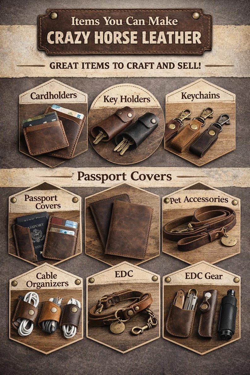 May include: Image showcasing various Crazy Horse Leather items, including cardholders, key holders, keychains, passport covers, pet accessories, cable organizers, EDC items, and EDC gear. The items are displayed on a wooden background.