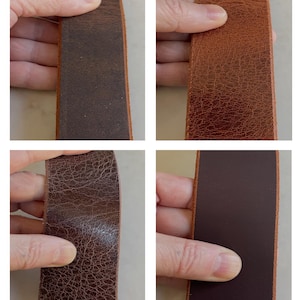 May include: Four close-up shots of leather strips in varying shades of brown. The leather textures range from smooth to heavily distressed, showcasing the natural grain and variations in color. The strips are held up, allowing a view of the different finishes and tones.