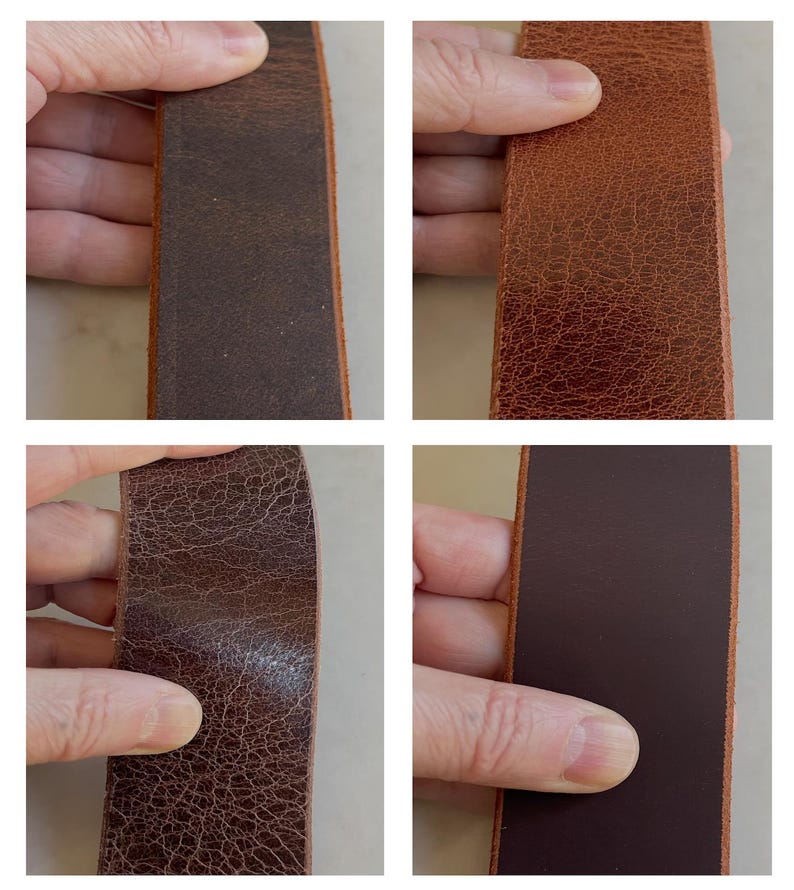 May include: Four close-up shots of leather strips in varying shades of brown. The leather textures range from smooth to heavily distressed, showcasing the natural grain and variations in color. The strips are held up, allowing a view of the different finishes and tones.