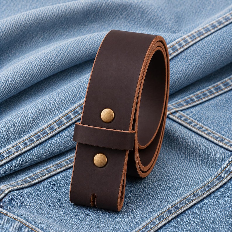 May include: A rolled-up, dark brown leather belt with two brass-colored rivets. The belt is unbuckled and ready for a buckle to be attached. The background is a light blue denim fabric.