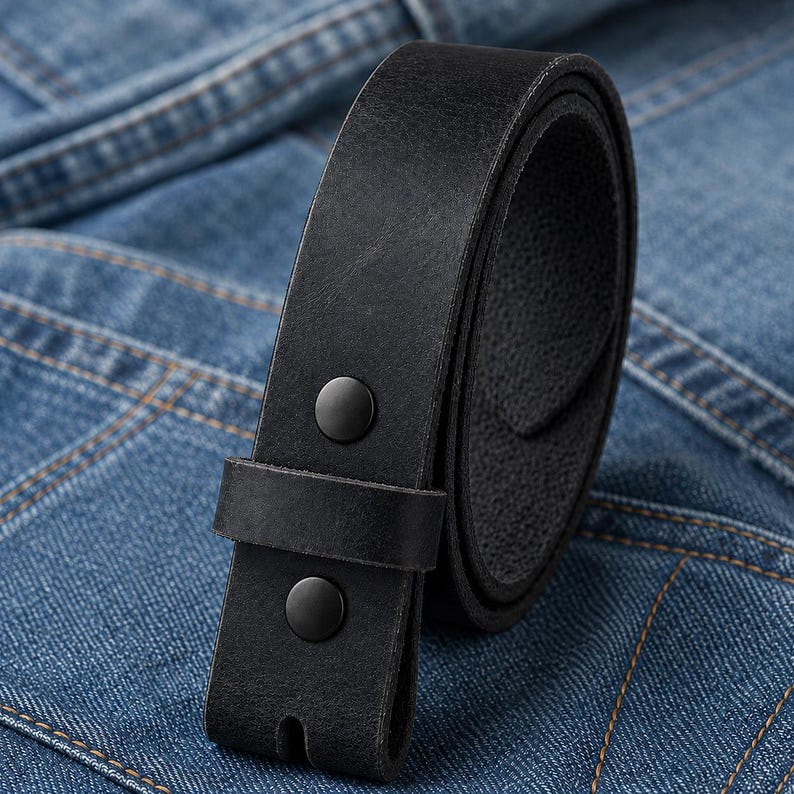 Op de afbeelding: Een opgerolde zwarte leren riem met twee zwarte drukknopen. De riem heeft een gladde, matte afwerking en ligt op een denim achtergrond.