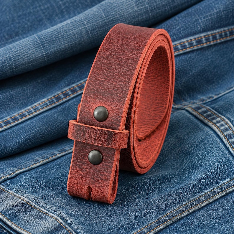 Op de afbeelding: Een opgerolde, roodbruine leren riem met een textuur. De riem heeft een gesploos ontwerp met twee donkere metalen klinknagels. De riem wordt weergegeven op een blauwe denim achtergrond.