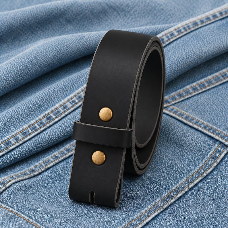 May include: A rolled black leather belt with two brass-colored rivets. The belt is displayed on a blue denim background. The belt is a classic accessory.