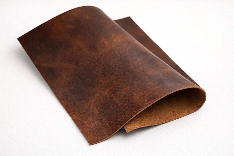 May include: A folded sheet of distressed brown leather, showcasing a rich, textured surface. The leather has a warm, earthy tone with variations in color, suggesting a natural, aged appearance. The edges are slightly curved, revealing the underside.