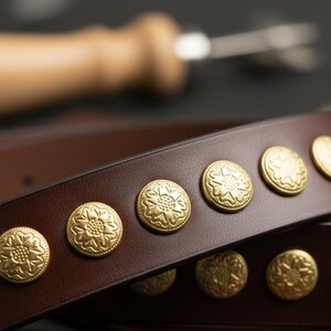 May include: Close-up of a brown leather belt with decorative gold-colored circular studs. The studs are evenly spaced and feature a floral design. The belt is likely for fashion or as an accessory.