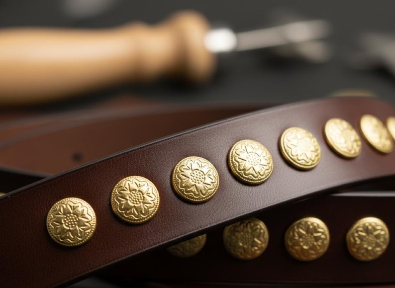 May include: Close-up of a brown leather belt with decorative gold-colored circular studs. The studs are evenly spaced and feature a floral design. The belt is likely for fashion or as an accessory.