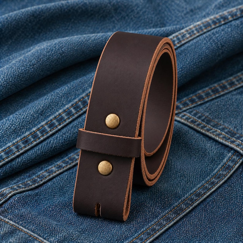 May include: A rolled-up, dark brown leather belt with two brass-colored rivets. The belt is unbuckled and has a simple, classic design. The background is a blue denim fabric.