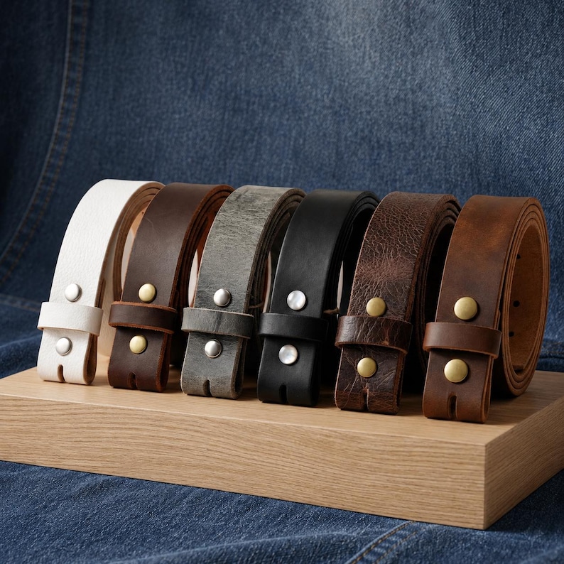 Puede incluir: Una colecci&oacute;n de correas de cintur&oacute;n de cuero en varios colores, incluyendo blanco, marr&oacute;n, gris y negro, exhibidas sobre una superficie de madera. Cada cintur&oacute;n presenta una hebilla y est&aacute; hecho de cuero de alta calidad.