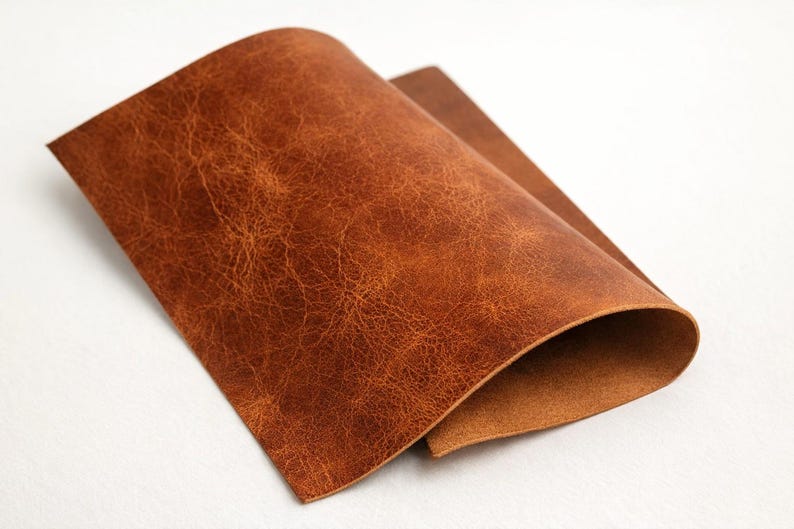 May include: Close-up of a folded piece of brown leather. The leather has a textured surface with visible grain and a warm, earthy tone. The edges are slightly curved, revealing the thickness of the material. The leather appears to be new and unused.