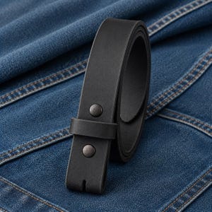 Puede incluir: Un cintur&oacute;n de cuero negro enrollado con dos remaches met&aacute;licos, sobre un fondo de mezclilla azul. El extremo de la hebilla del cintur&oacute;n tiene una ranura. El cintur&oacute;n mide aproximadamente 4 cm de ancho.