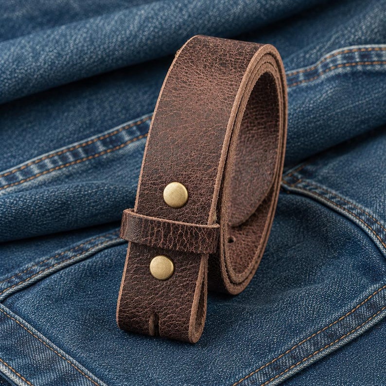 Op de afbeelding: Een opgerolde, donkerbruine leren riem met twee messingkleurige klinknagels. De riem is gemaakt van getextureerd leer en staat tegen een achtergrond van blauwe spijkerbroeken.