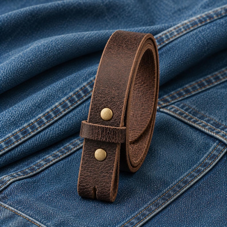 Puede incluir: Un cintur&oacute;n de cuero marr&oacute;n enrollado con remaches de color lat&oacute;n. El cintur&oacute;n es de cuero texturizado y est&aacute; sobre un fondo de mezclilla azul. Un accesorio cl&aacute;sico.