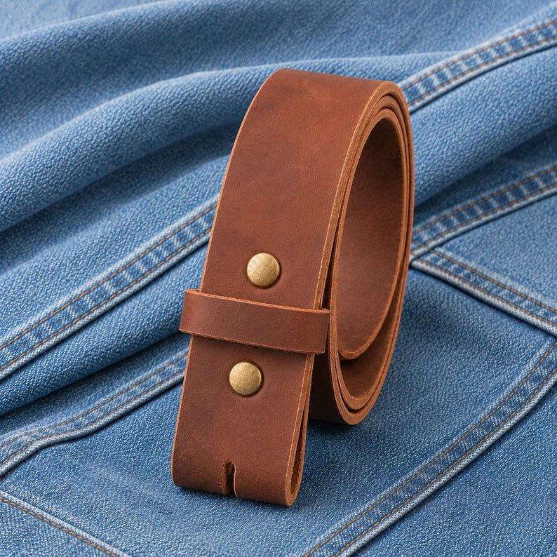 May include: A rolled brown leather belt with two brass-colored rivets and a belt loop. The belt is set against a blue denim background, showcasing its texture and craftsmanship. The belt is a classic accessory.