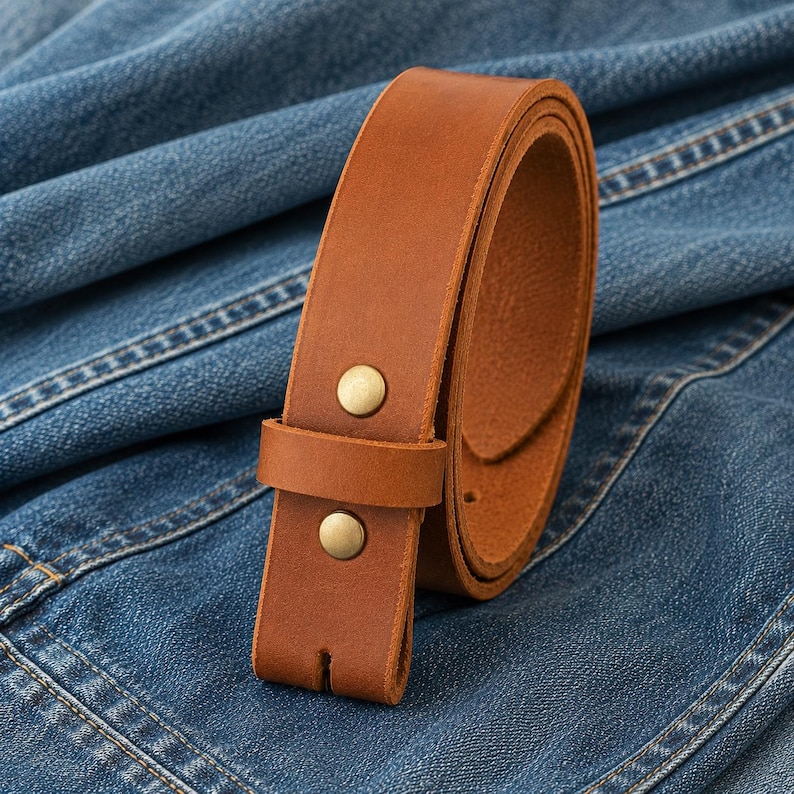 Op de afbeelding: Een opgerolde bruine leren riem met messingkleurige klinknagels. De riem ligt op een blauwe denim achtergrond, die de textuur en kleur benadrukt. De riem is ongeveer 100 cm lang.