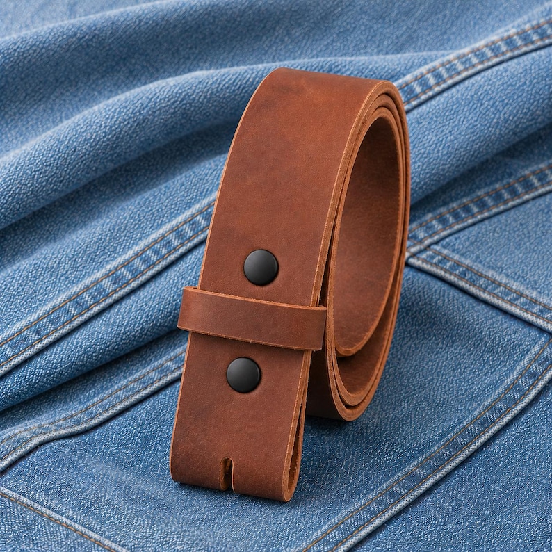 May include: A rolled brown leather belt with two black snaps. The belt is made of thick, textured leather and is set against a blue denim background. The belt is a classic accessory.