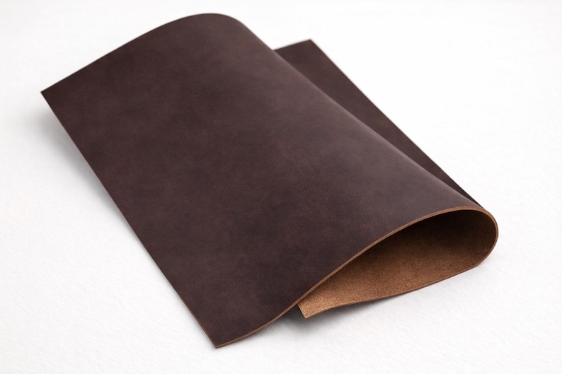 May include: A close-up shot of a sheet of dark brown leather, slightly curved to reveal a lighter brown underside. The leather has a smooth, matte finish and appears to be of high quality. The background is plain white.