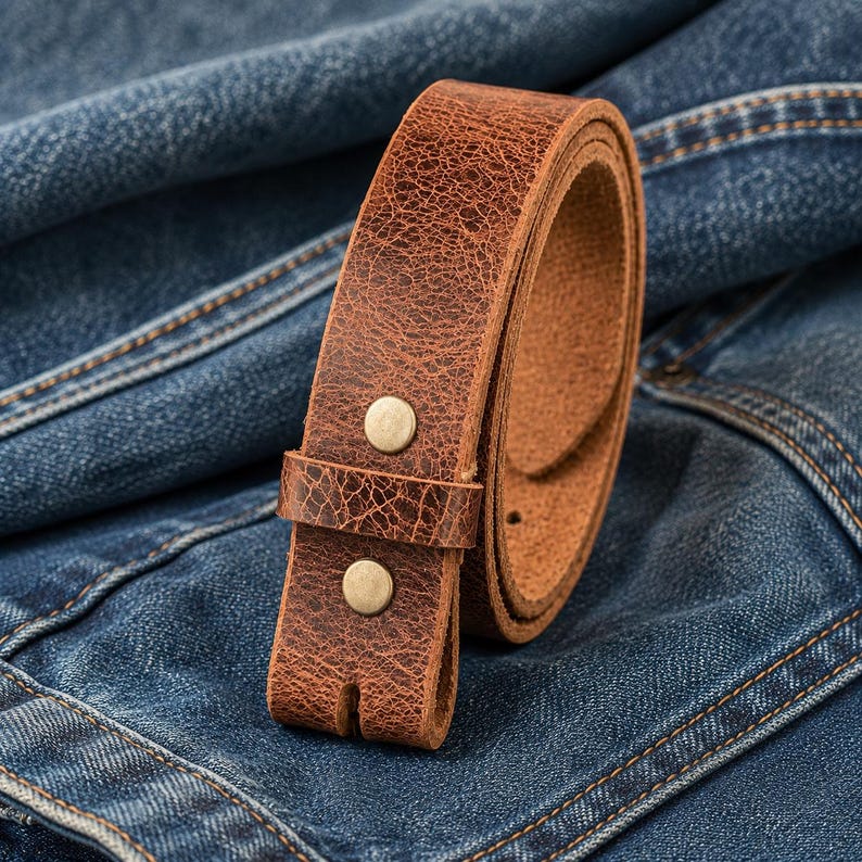 Op de afbeelding: Een opgerolde bruine leren riem met een getextureerd oppervlak en twee messingkleurige klinknagels. De riem is geplaatst tegen een achtergrond van blauwe denimstof.