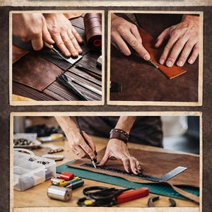 May include: An advertisement for The Leathersmith Store. The image shows close-up shots of leather crafting, including cutting and stitching. Text reads "Craft and Sell High-Quality Leather Gear!"