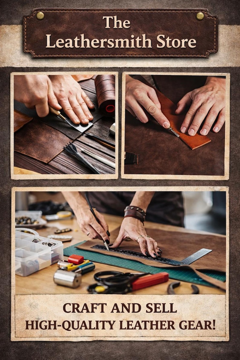 May include: An advertisement for The Leathersmith Store. The image shows close-up shots of leather crafting, including cutting and stitching. Text reads "Craft and Sell High-Quality Leather Gear!"