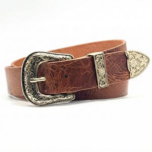 Cowboy Western Belt 1.5" Brown Leather | Ranger Belt Style | Genuine Leather | Gold Buckle Default, Silver Buckle Option | Men & Women