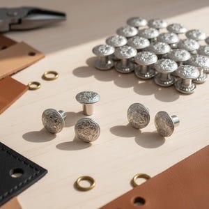 May include: A collection of silver-colored decorative rivets with a floral design, arranged on a light wooden surface. Leather straps in various shades of brown and black, along with small gold-colored rings and pliers, are also present.