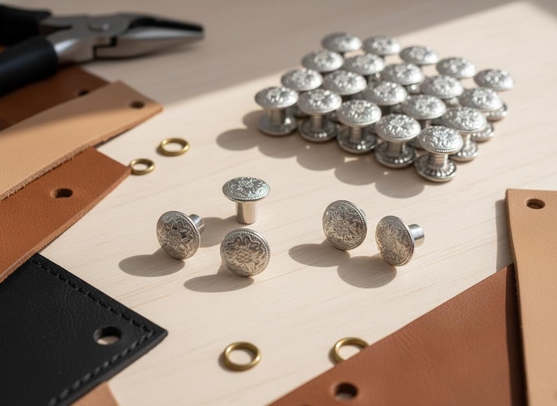 May include: A collection of silver-colored decorative rivets with a floral design, arranged on a light wooden surface. Leather straps in various shades of brown and black, along with small gold-colored rings and pliers, are also present.