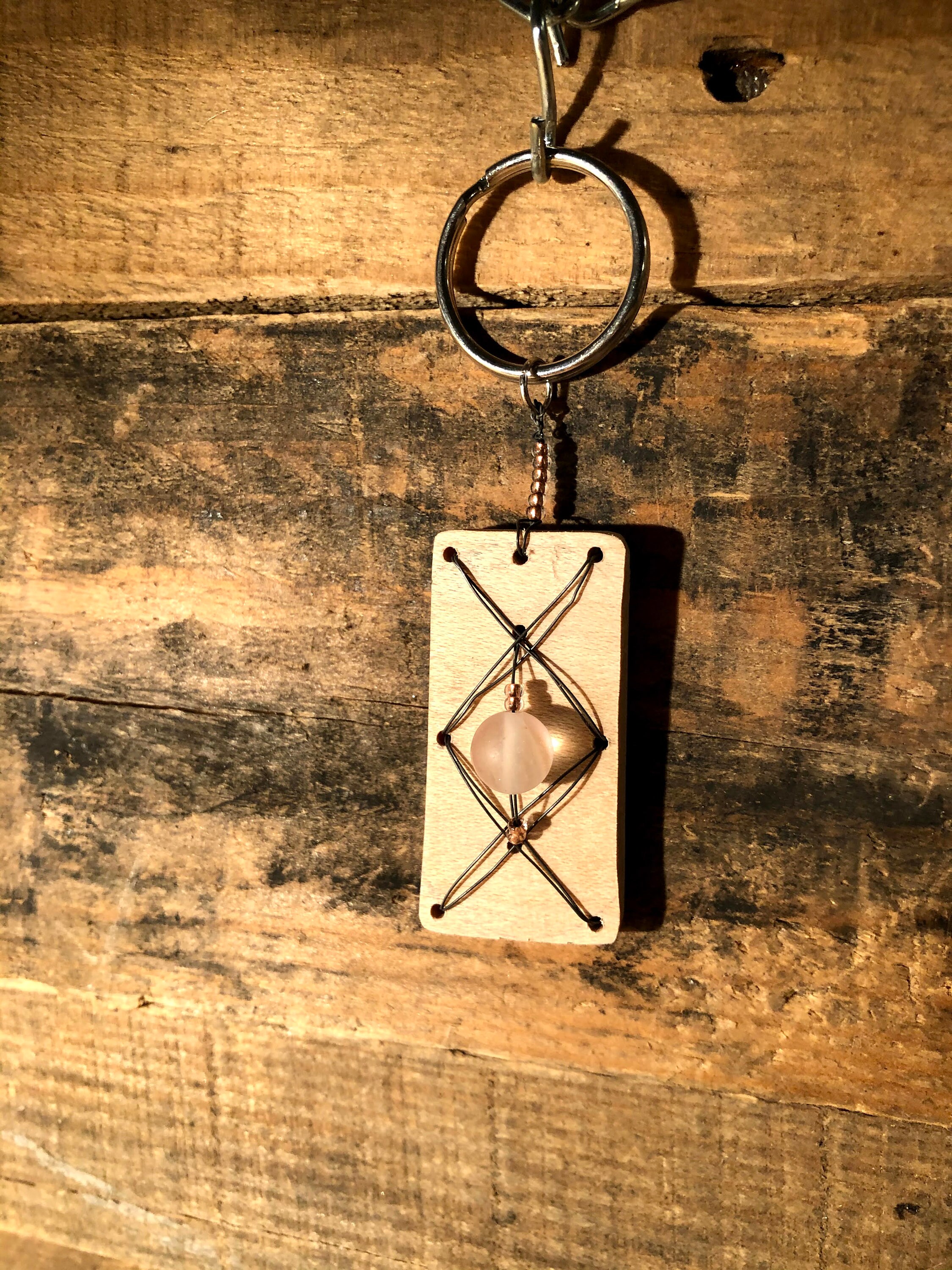 Simple pine wood key chain with cross beaded pattern Etsy