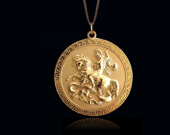 Gold Saint George Pendant - 14k Solid Gold St George Necklace, Saint George Medal