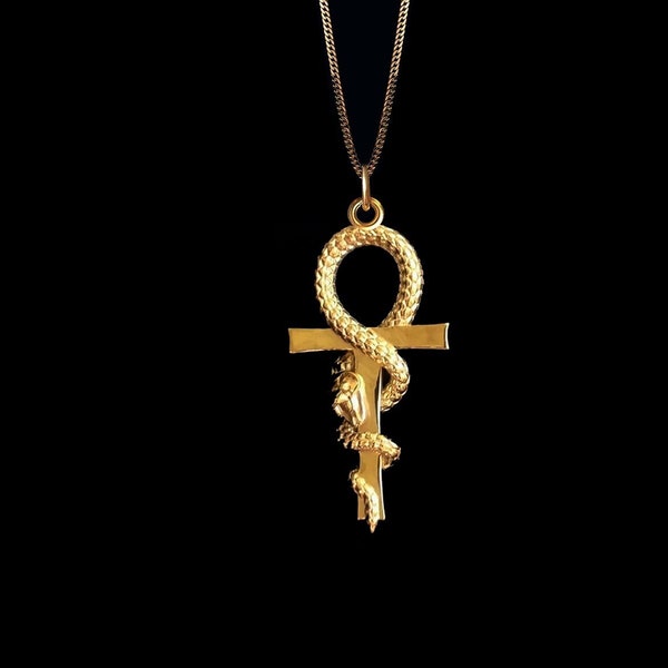 Gold Ankh Pendant - 14k Solid Gold Ankh Necklace, Egyptian Jewelry, Solid Gold Ankh Jewelry, Gold Snake Necklace, Gold Cross