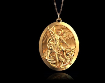 14k Solid Gold Archangel Saint Michael Pendant 17 - Gold Angel Pendant, Archangel St Michael Pendant