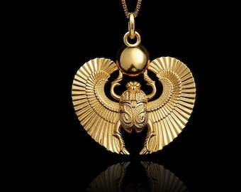 Gold Scarab Pendant - Solid Gold Scarab Necklace, Egyptian Scarab Jewelry, Ancient Egypt Pendant, Spiritual Symbol Gift | Made In USA