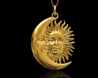 Gold Sun and Moon Pendant - Solid Gold Sun and Moon Necklace, Celestial Jewelry | Made In USA