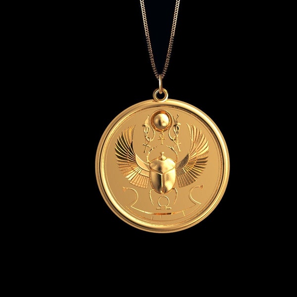 14k Solid Gold Egyptian Scarab Pendant - Scarab Necklace, Ancient Egyptian Pendant, Egyptian Charm, Gold Necklace