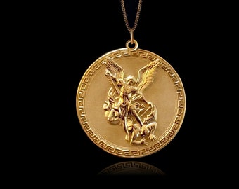 Gold Archangel Saint Michael Pendant 3 - Personalized Archangel Necklace, Men's St. Michael Gold Pendant, Religious Gift for Men