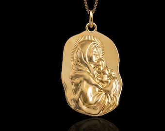 Virgin Mary Gold Necklace, 18K Solid Gold Virgin Mary Pendant