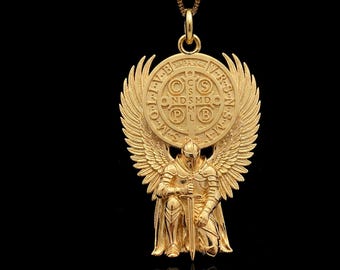 Gold St Michael Benedict Pendant - Solid Gold St Michael Necklace, Catholic Protection Pendant | Made In USA