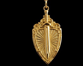 Gold Sword and Shield Pendant - 14K, 18K Solid Gold Shield Necklace, Protection Symbol - Made In USA